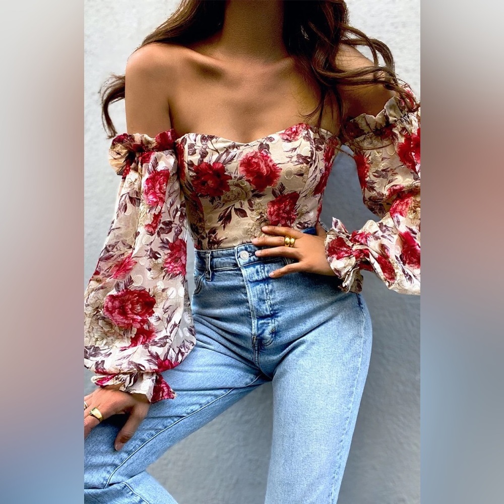 Seven wonders floral off the shoulder long sleeve bodysuit nwot